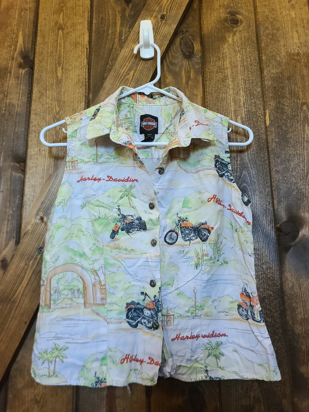 Vintage Y2K Harley Davidson Tropical Motorcycle Sleeveless Button Up Top Medium